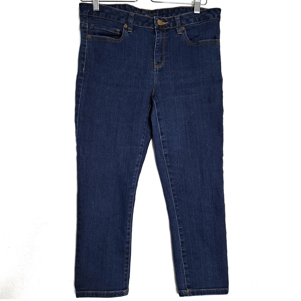 Michael Kors Womens 8 Dark Wash Cropped Skinny Jeans MK Logo‎ Gold Hardware